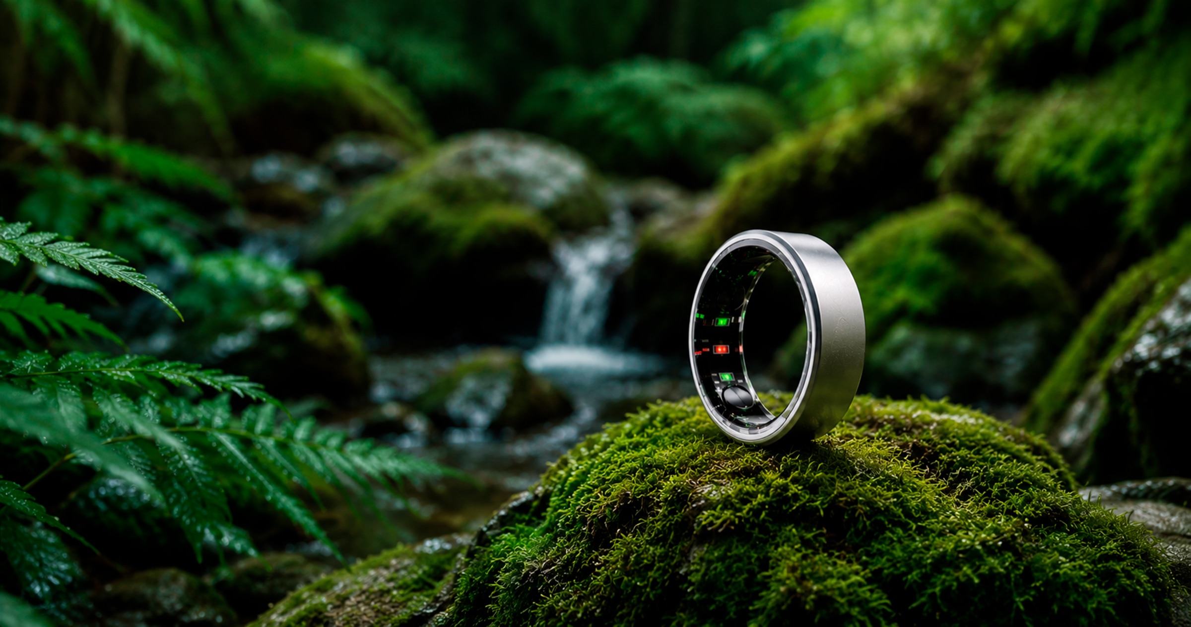 Anillo Sense de titanio sobre musgo, junto a un arroyo en el bosque