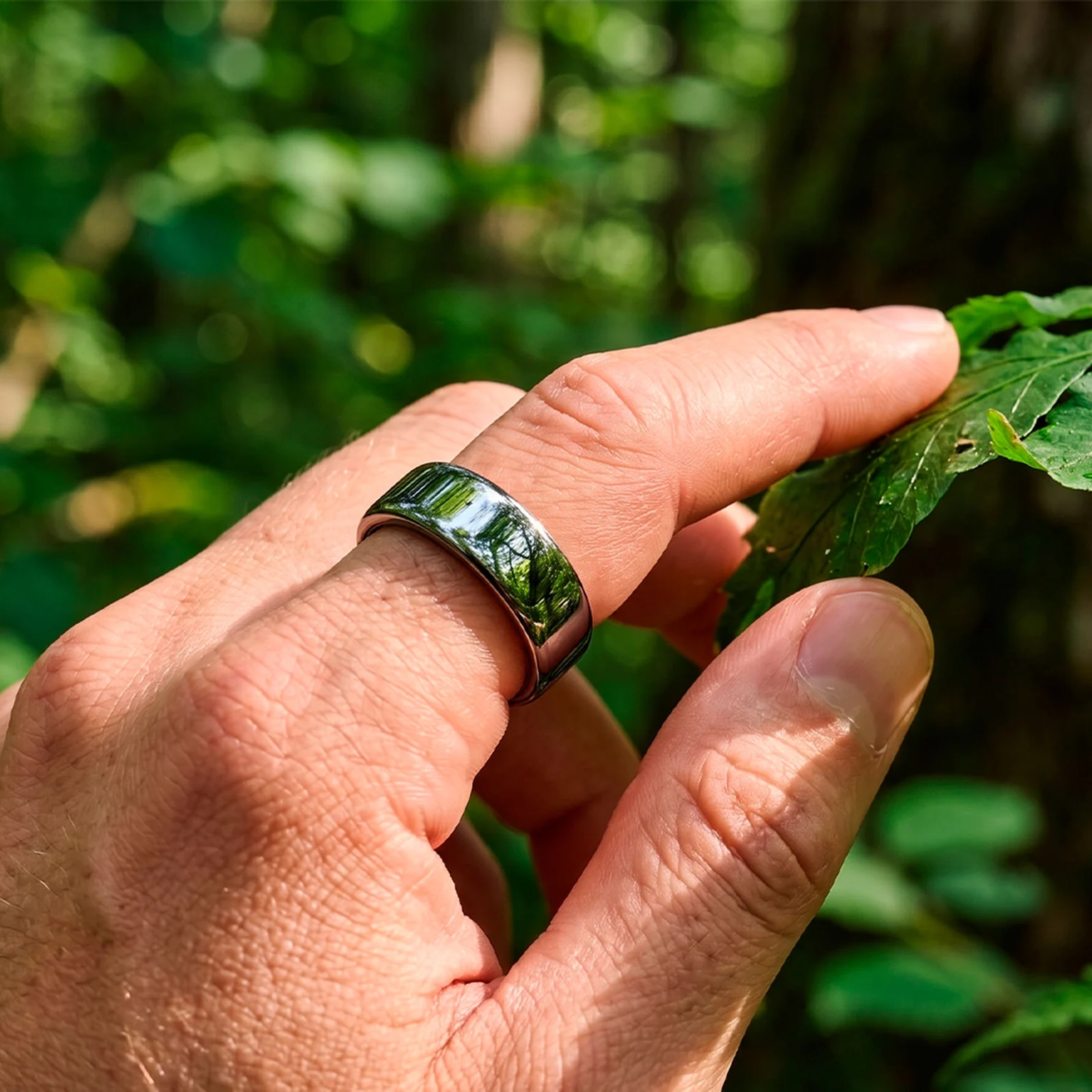Anillo Sense en exteriores, reflejando el verde del bosque