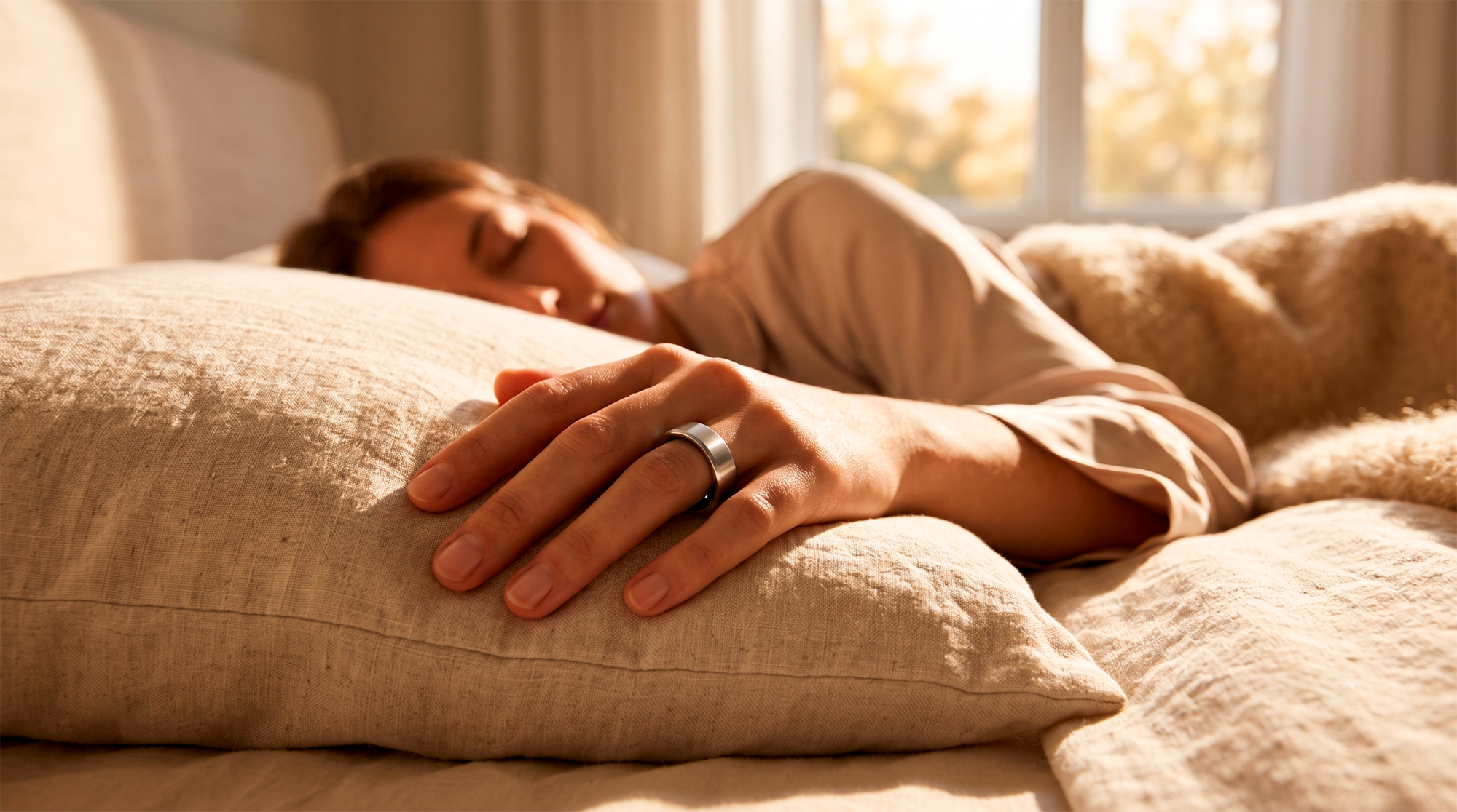 Mano con el anillo Sense apoyada sobre una almohada, luz cálida de mañana