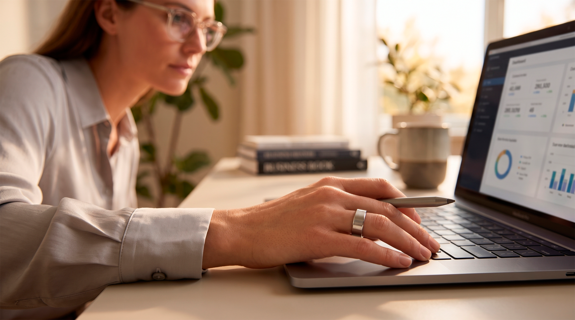 Mano con el anillo Sense sobre el trackpad de una laptop, escritorio con luz natural